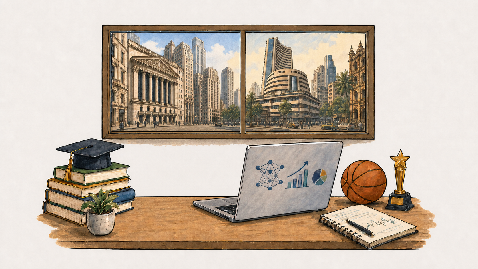 An empty illustrated workspace with an office chair, laptop, books, basketball, trophy, and city views