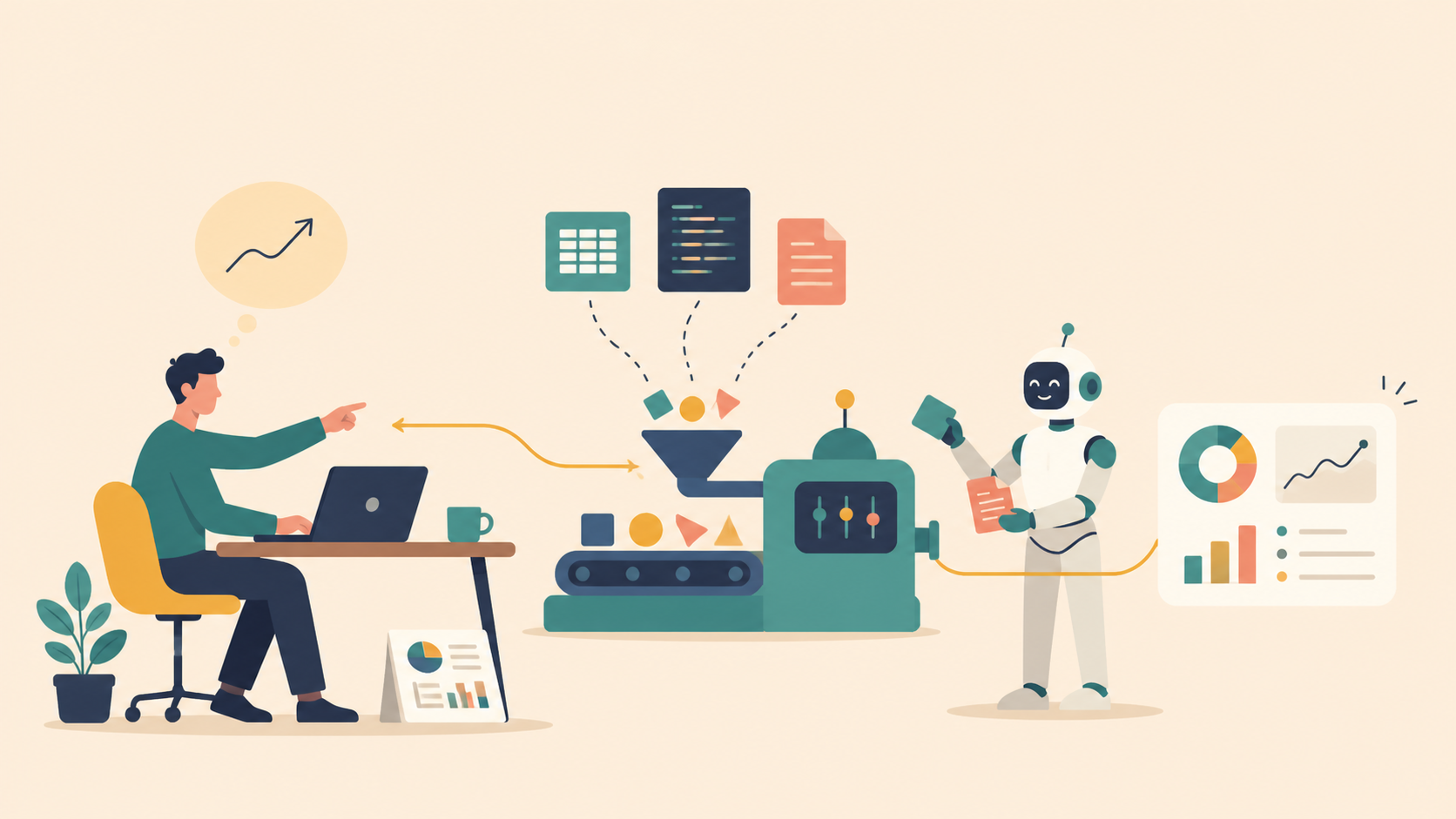 A person directs an investment-research project while an AI assistant assembles data, code, filings, and a finished dashboard.