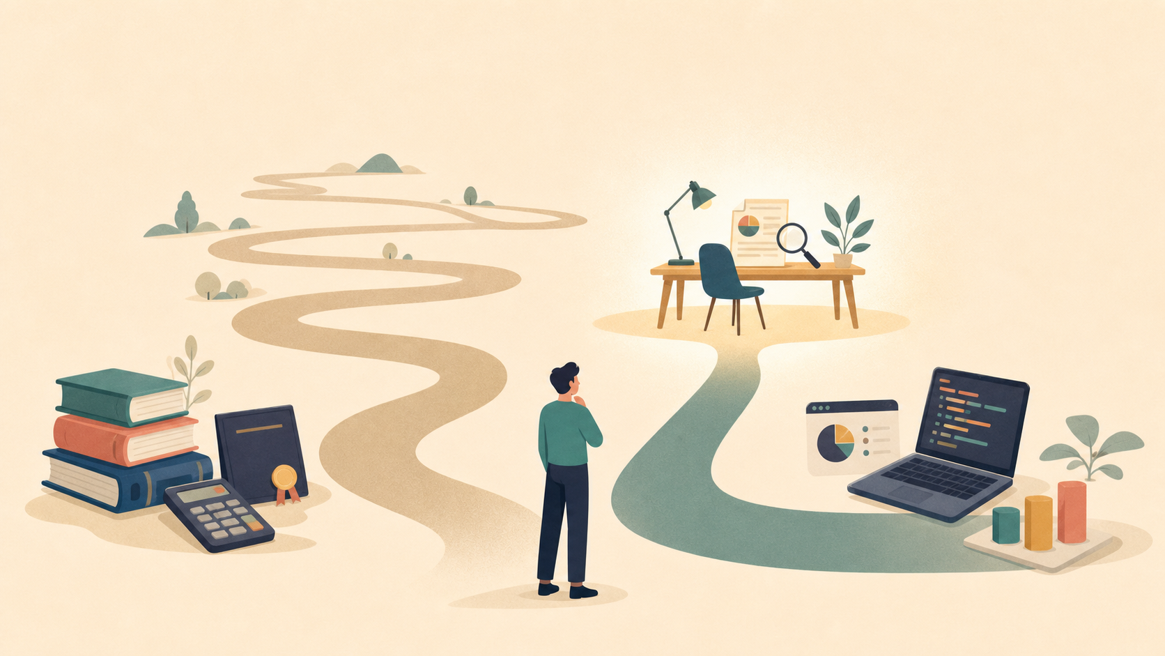 A person weighs a long route starting in finance against a shorter route from technical experience; both lead to the same investment-research desk.